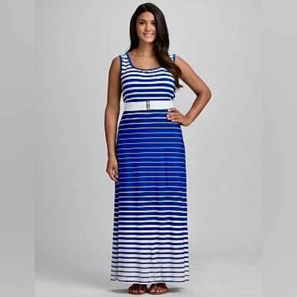Roz & Ali Royal Blue and White Striped Scoop Neck Maxi Dress